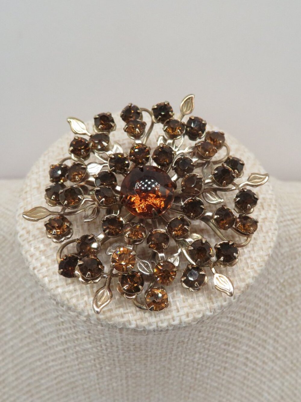 Vintage Amber Orange Brown Rhinestone Gold Tone Floral Brooch